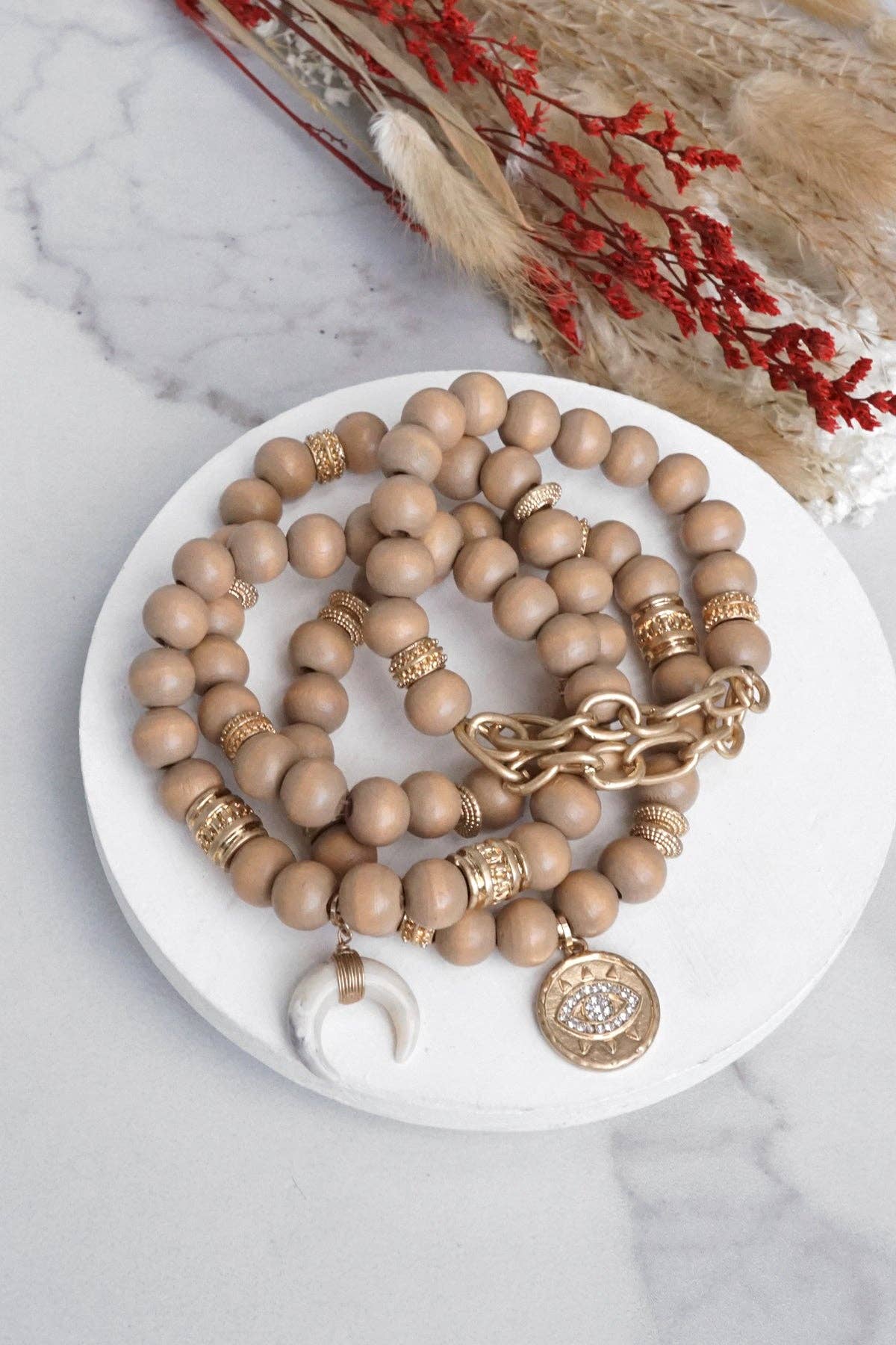 Beaded Boho Bracelets set of 4 with Gold Coin Neutral wooden