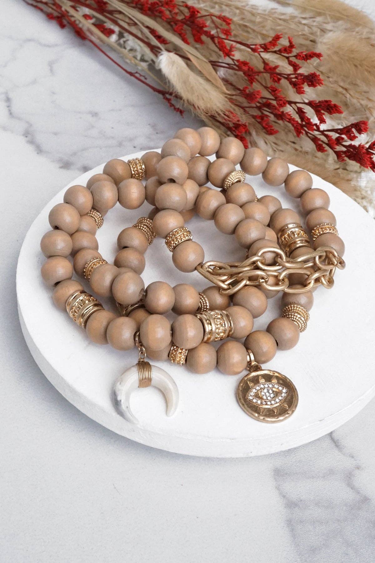 Beaded Boho Bracelets set of 4 with Gold Coin Neutral wooden